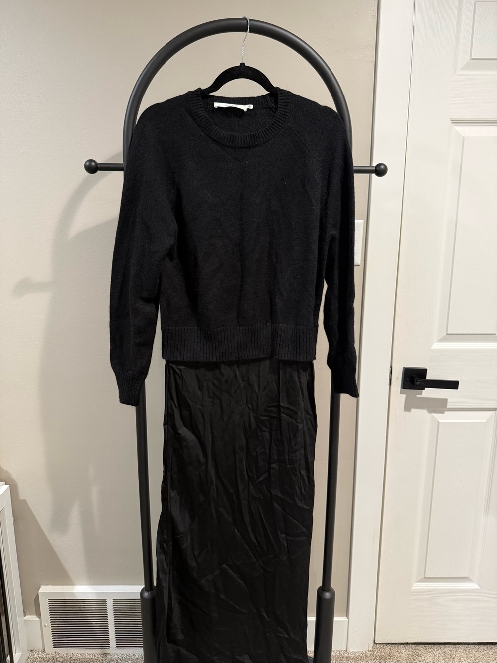 Classic Black Knit Sweater with Black Satin Skirt Attached